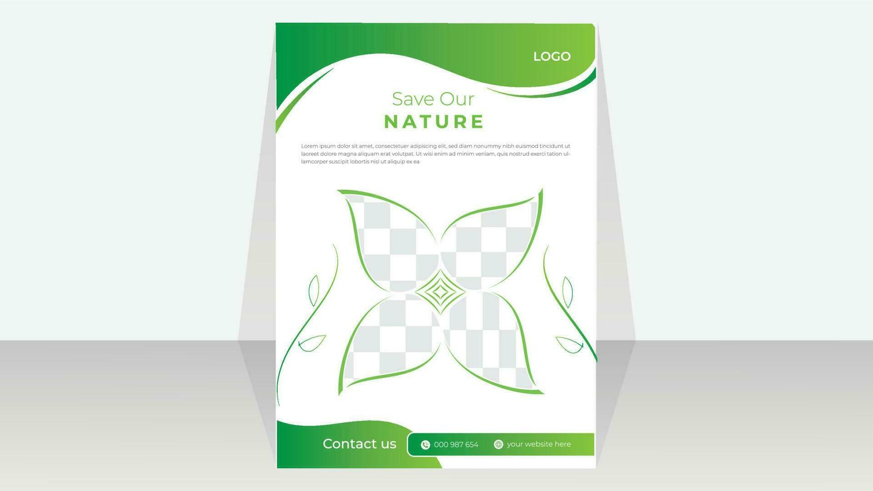 moderno sencillo resumen eco volantes a4 vector modelo para imprimir, folleto, revista cubrir modelo. póster, verde hoja, ambiente .