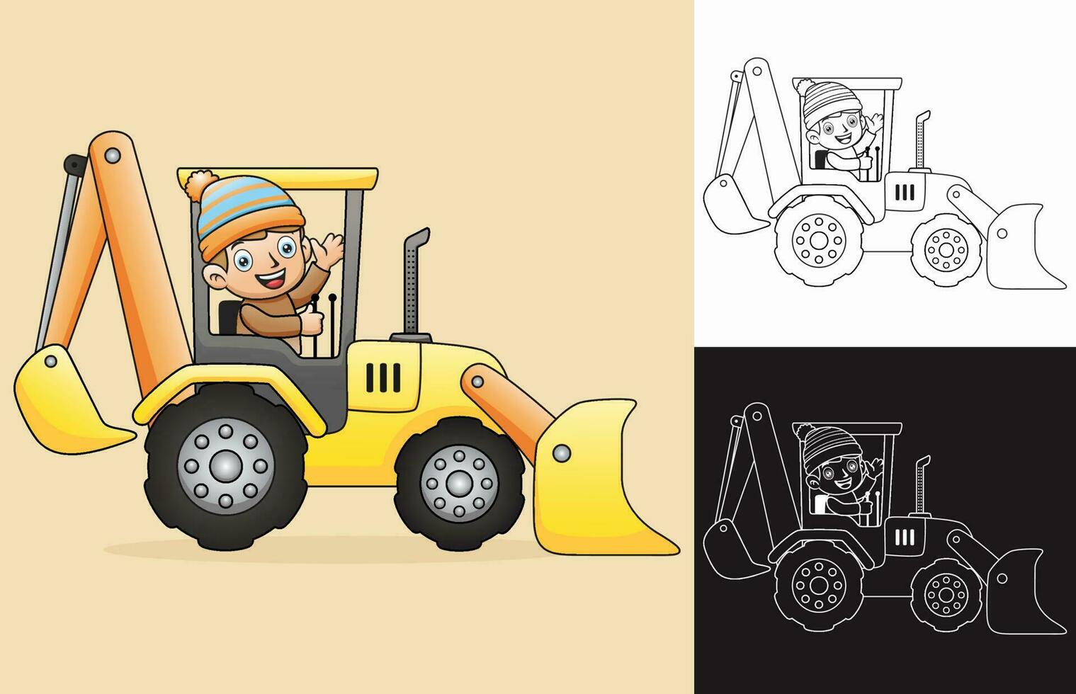 Vector cartoon of boy on backhoe loader. Coloring book or page