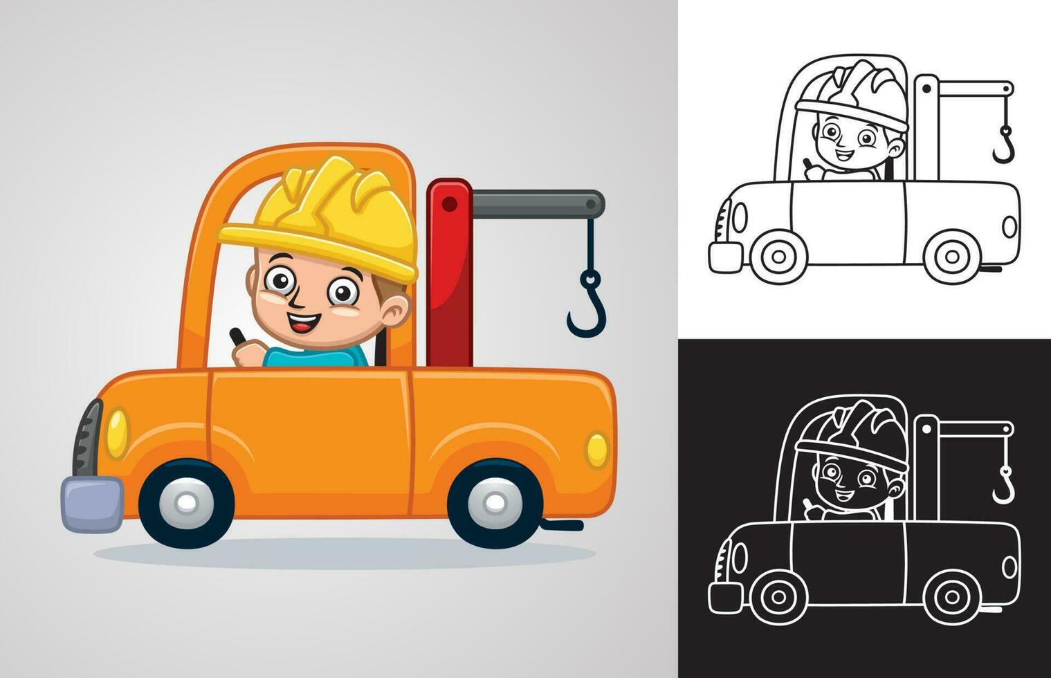 Vector cartoon of little boy with helmet on tow truck