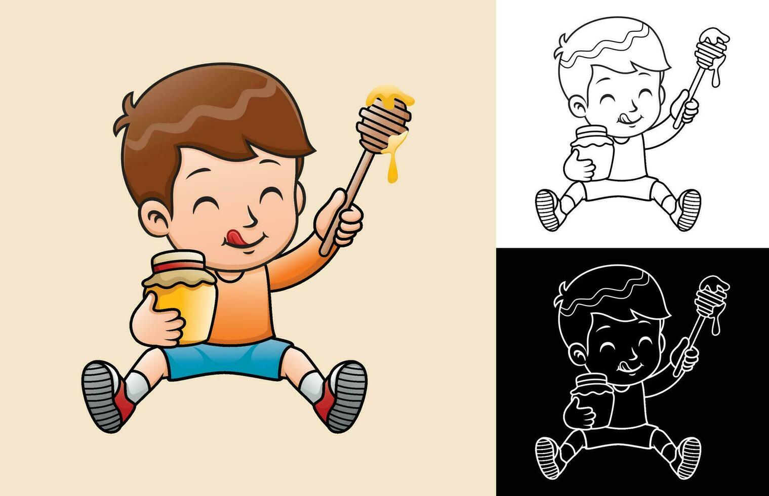 Cartoon of little boy sitting on floor with honey jar vector