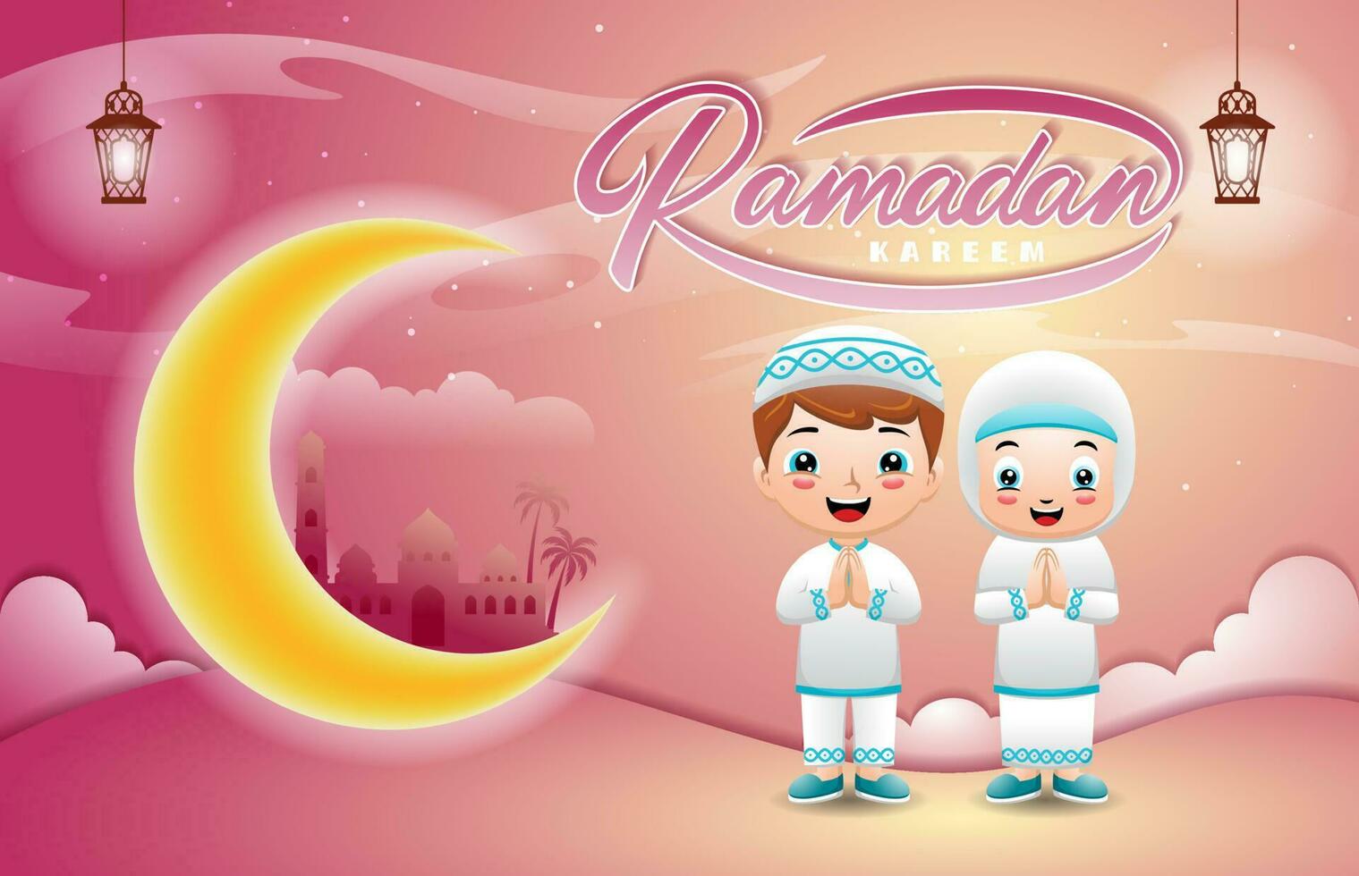 Moslem kids cartoon with crescent moon and mosque, Ramadan kareem elements vector