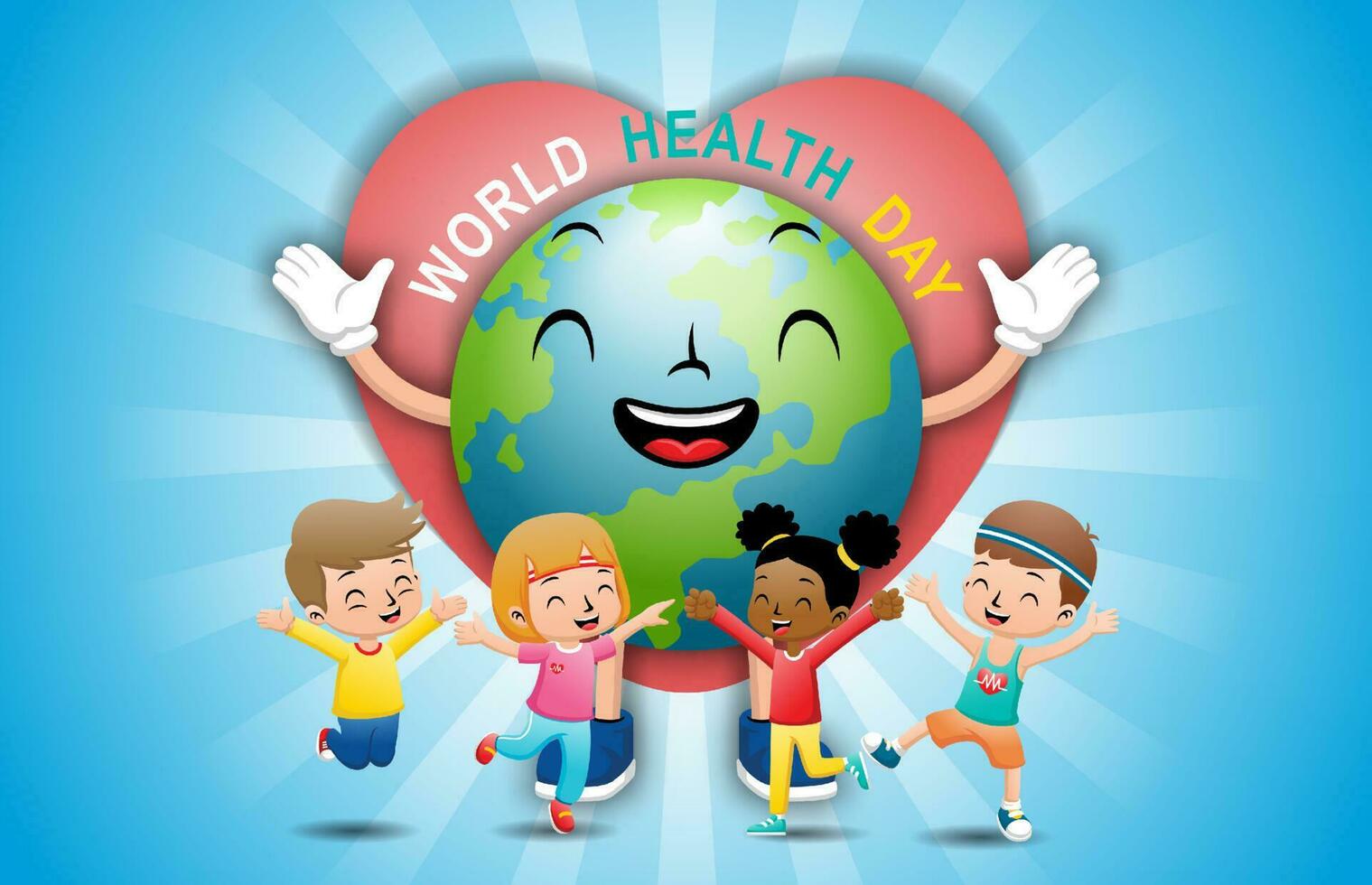 Cartoon of happy kids with funny globe on heart background, world health day campaign vector