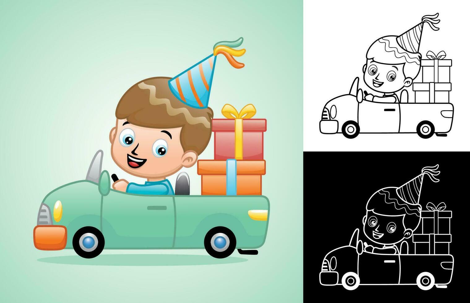 Vector cartoon of little boy wearing cone hat driving car carrying gifts