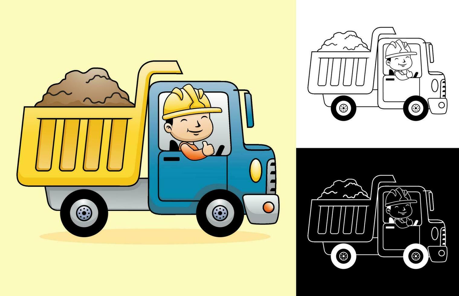 Vector cartoon of dump truck with happy driver