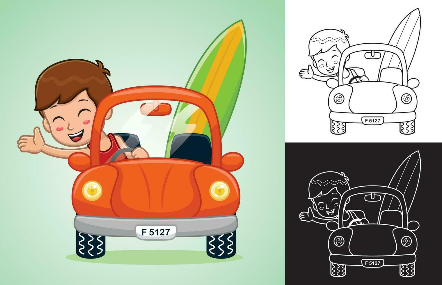 vector dibujos animados de pequeño chico en coche con tabla de surf