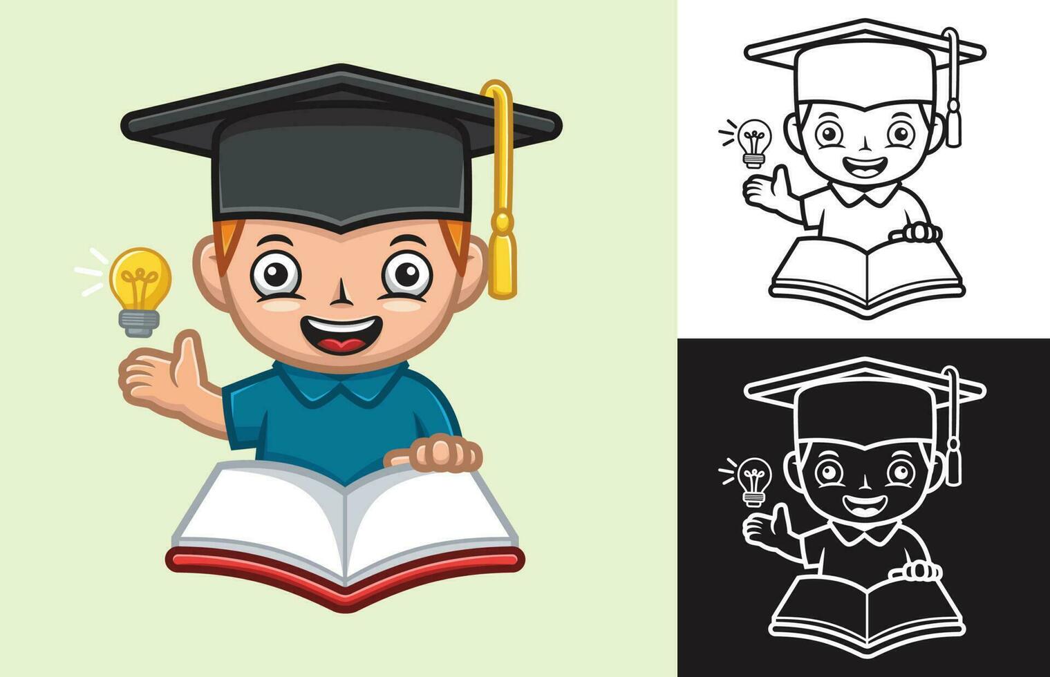 vector ilustración de dibujos animados chico vistiendo gorra graduación con libro y bombilla