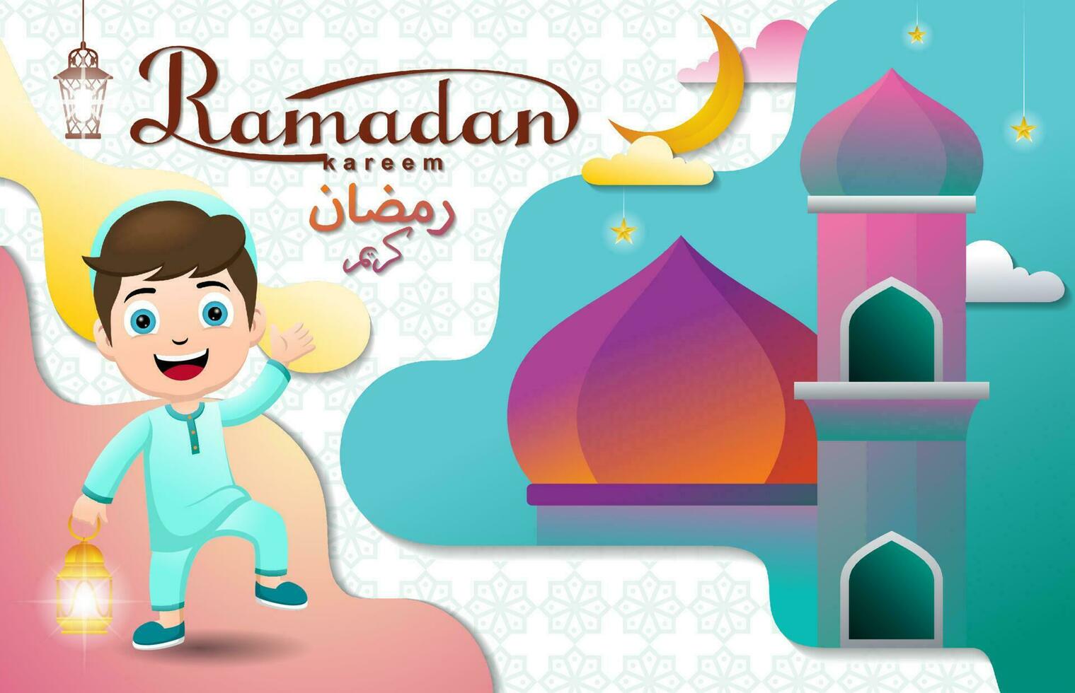 musulmán chico dibujos animados que lleva linterna, Ramadán kareem elementos vector