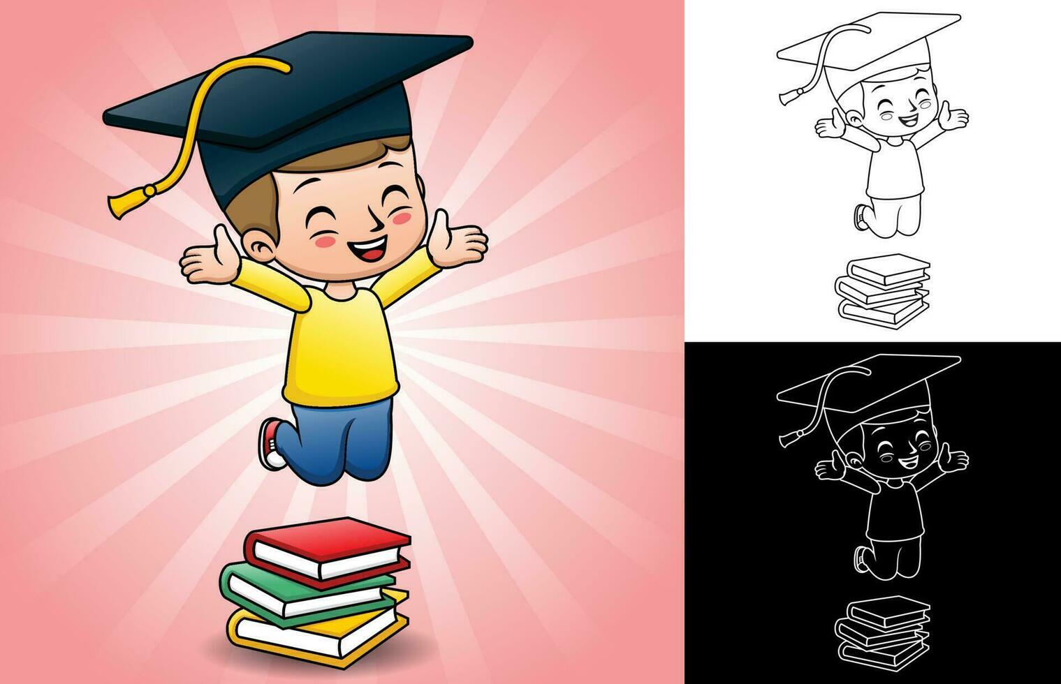 Happy boy graduation celebration with pile of books, vector cartoon illustration