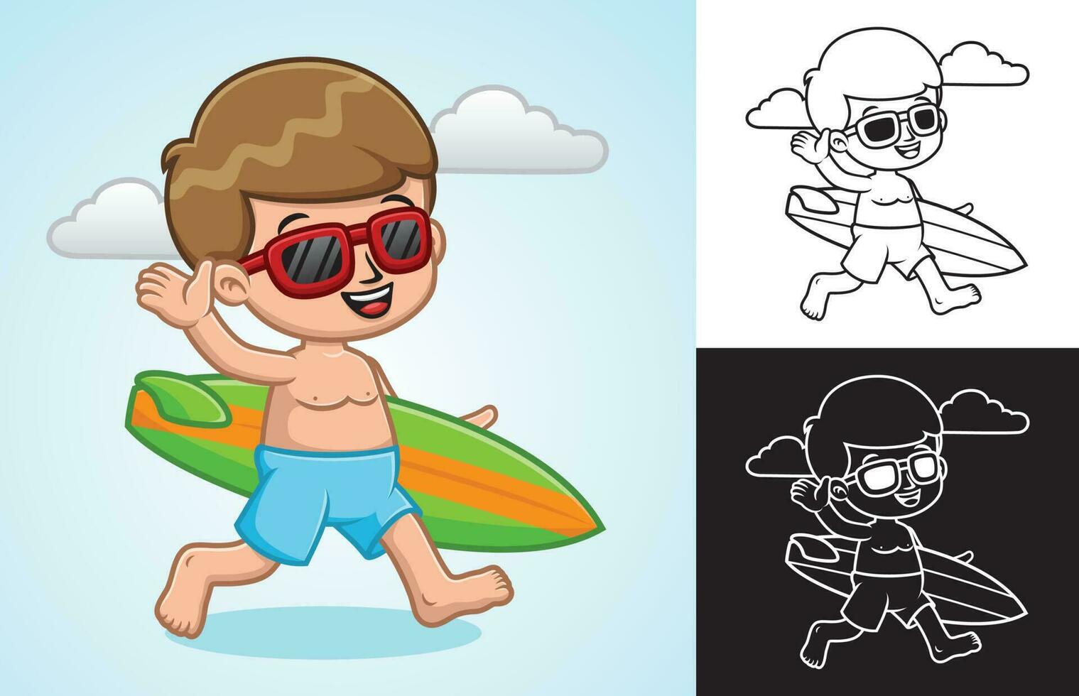 Vector cartoon of little boy with sunglasses carrying surfboard