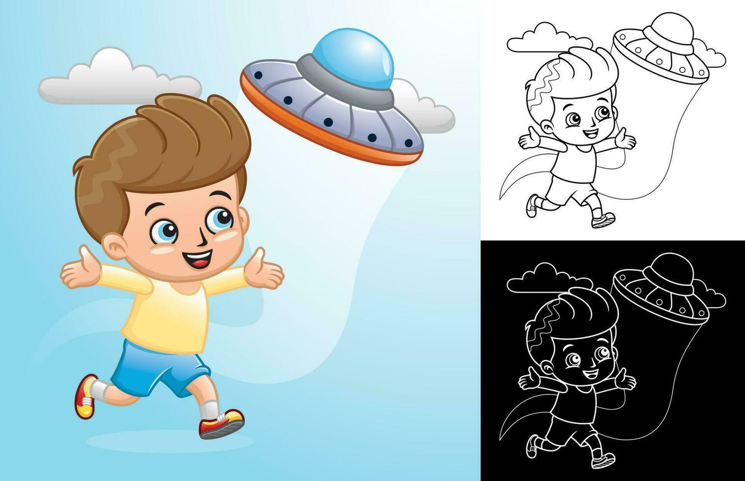 Cartoon of boy running chase UFO vector