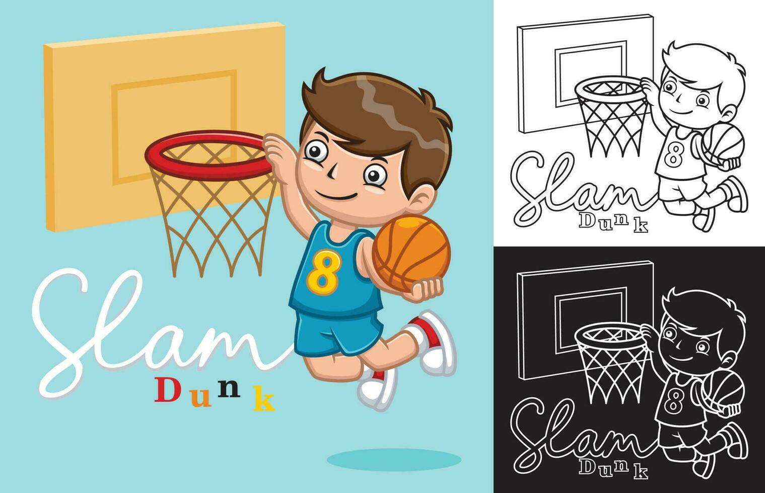 Vector illustration of cartoon kid boy playing basketball