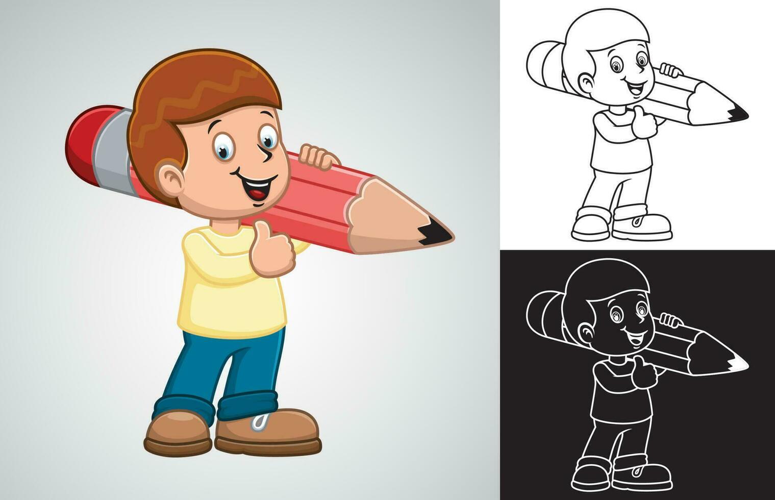 Vector cartoon of little boy holding big pencil