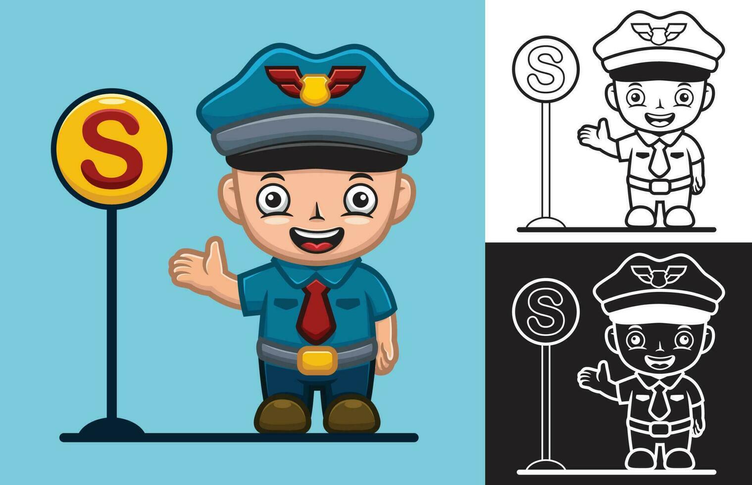 Vector illustration of cartoon little boy in police uniform with traffic sign