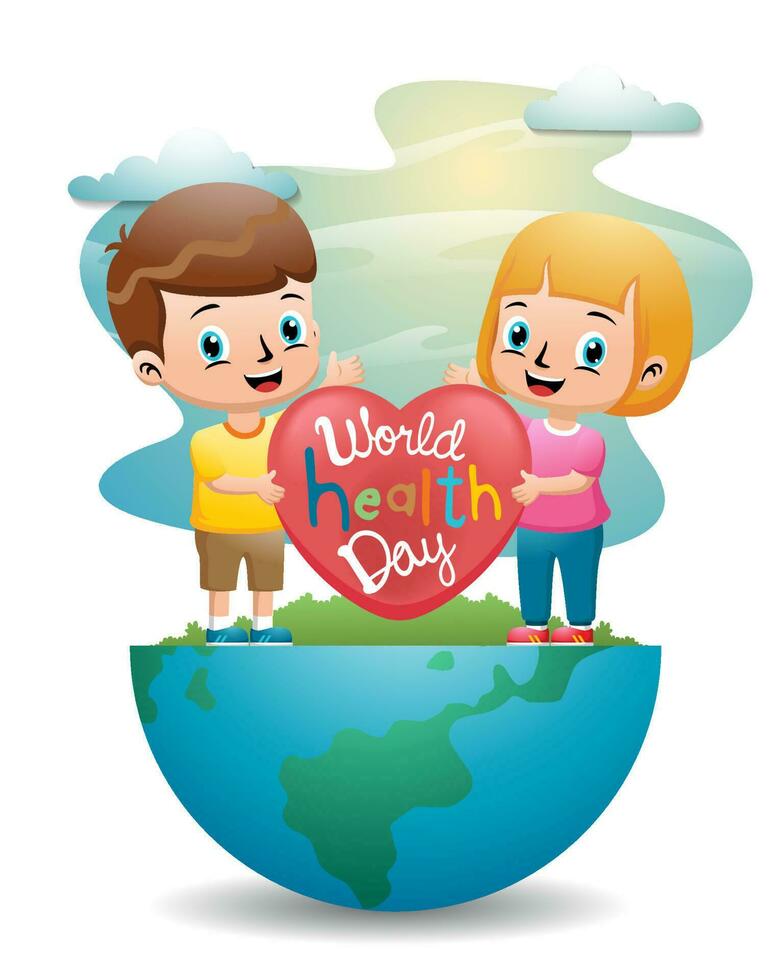 Kids cartoon holding heart standing on half globe, world health day vector