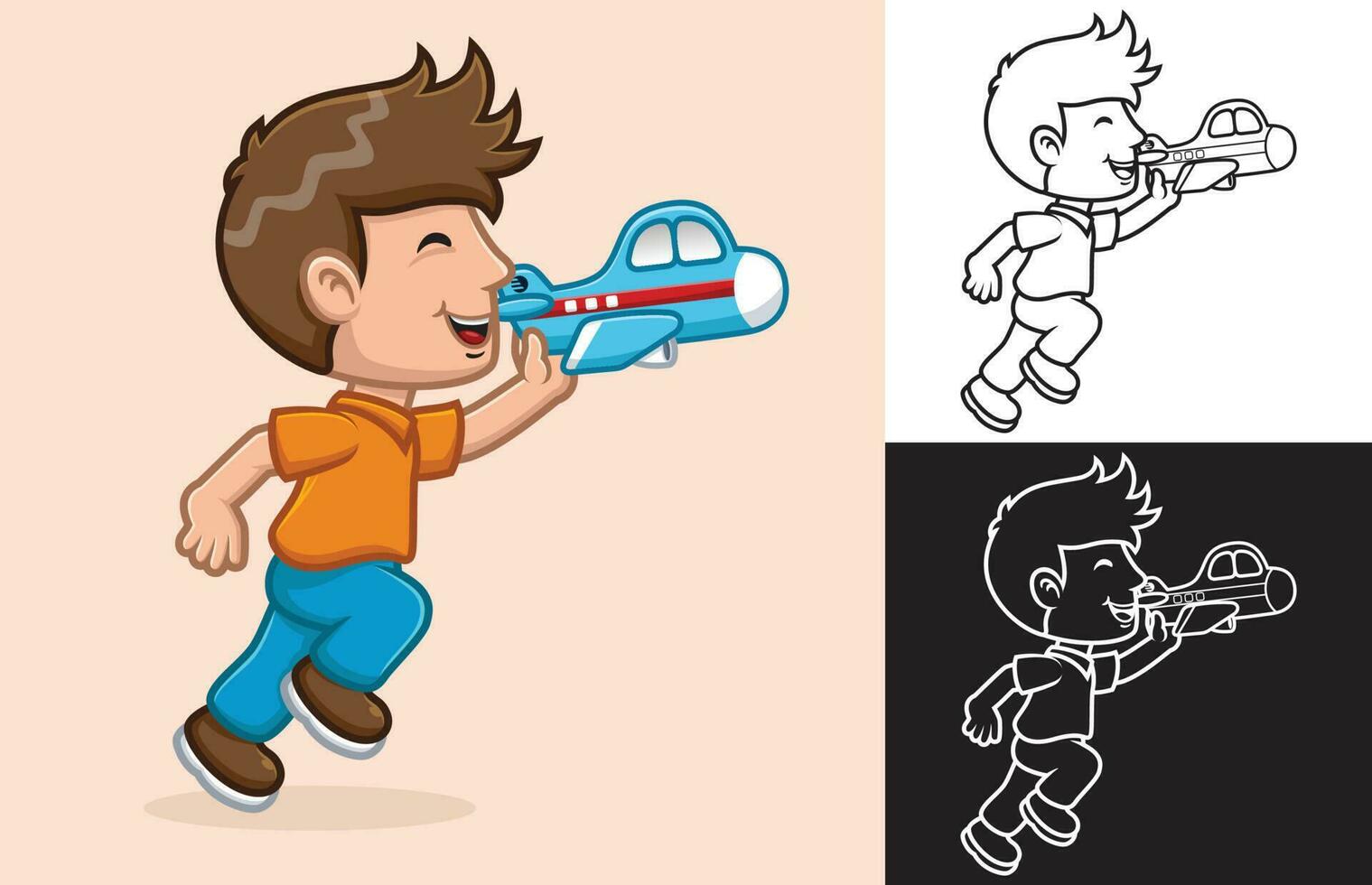 Vector illustration of cartoon boy running while holding airplane toy