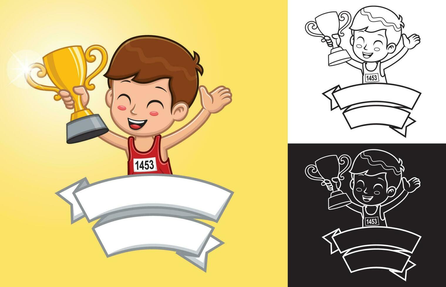 Vector cartoon of little boy holding trophy on ribbon decoration