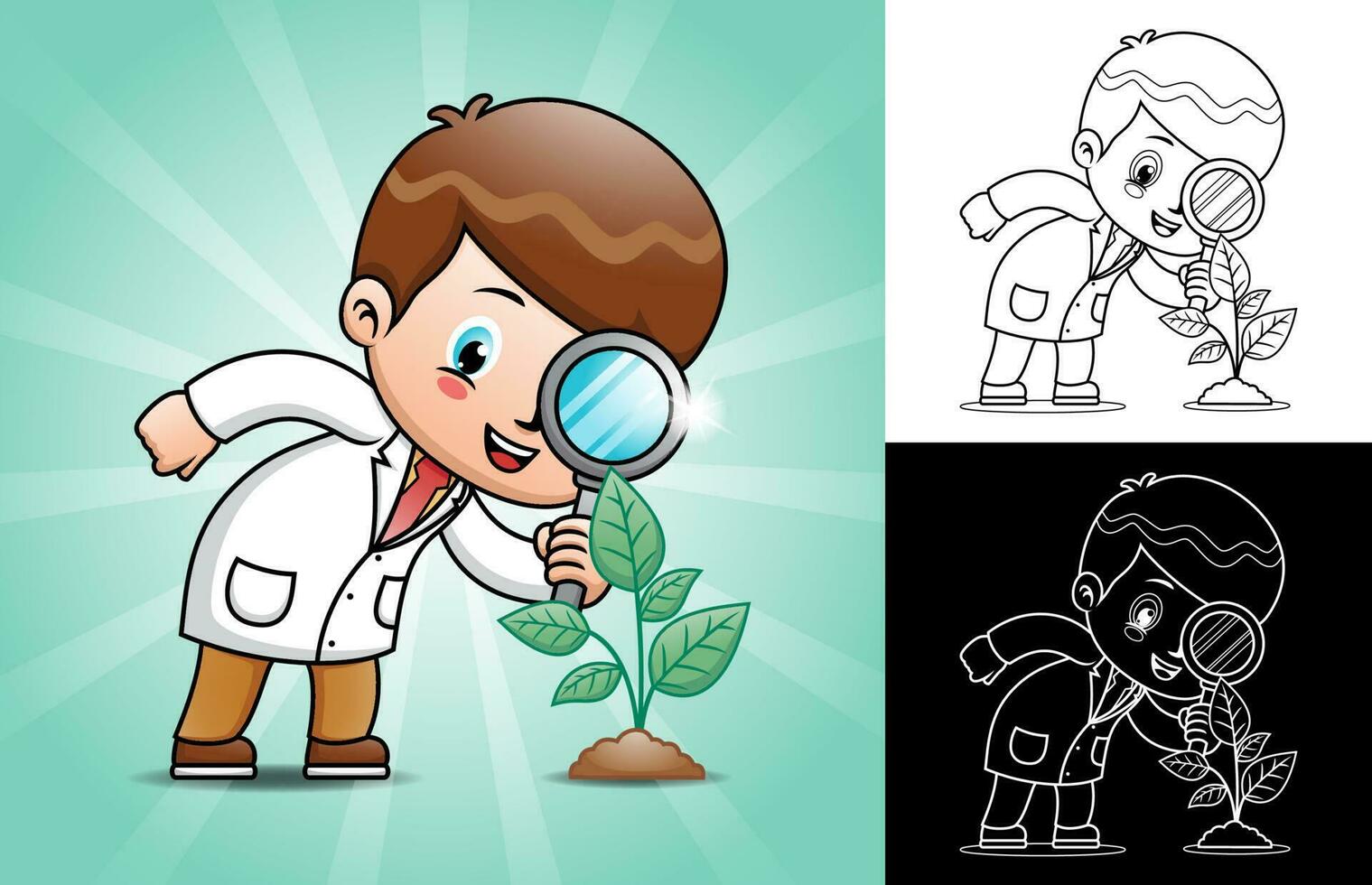 Vector cartoon of little scientist examines leaf of tree through magnifying glass