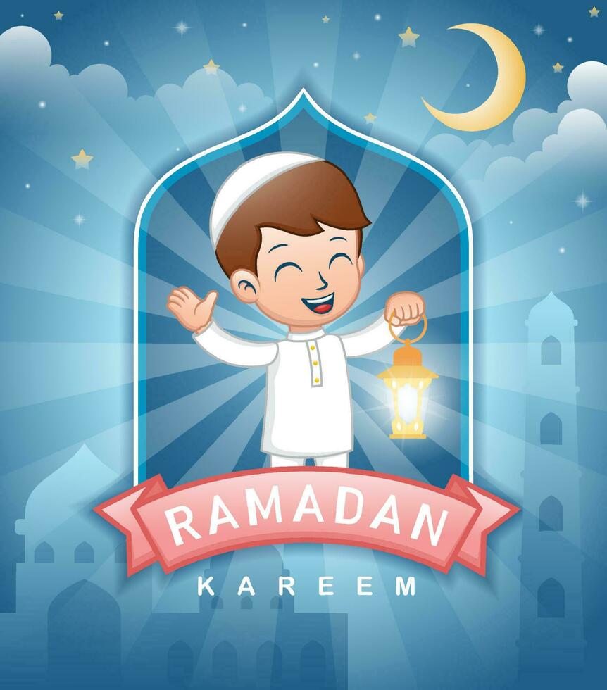 Cute cartoon Muslim kids holding lantern at Ramadan night vector