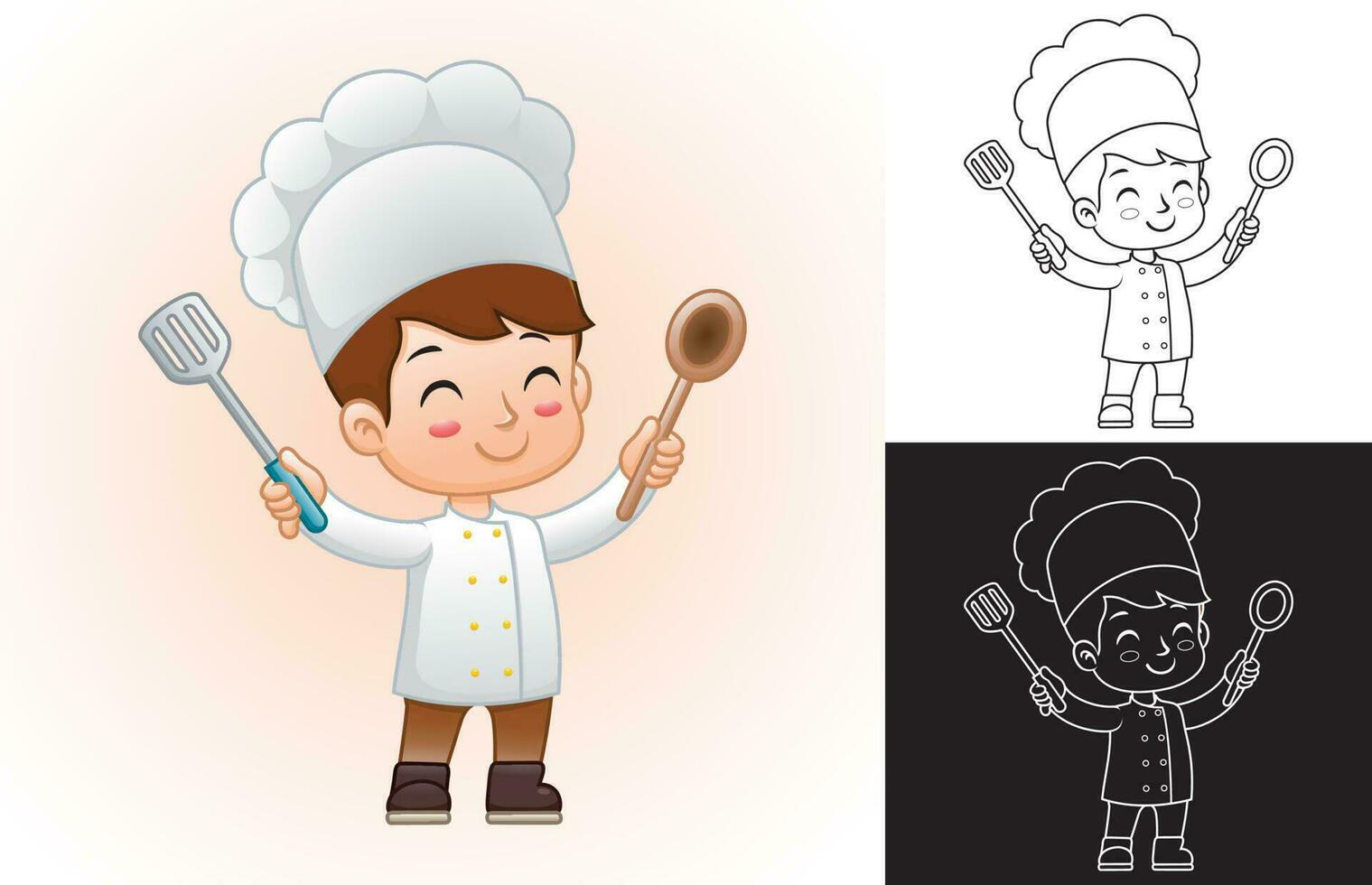 Vector cartoon of boy in chef uniform holding spoon and spatula. Coloring book or page