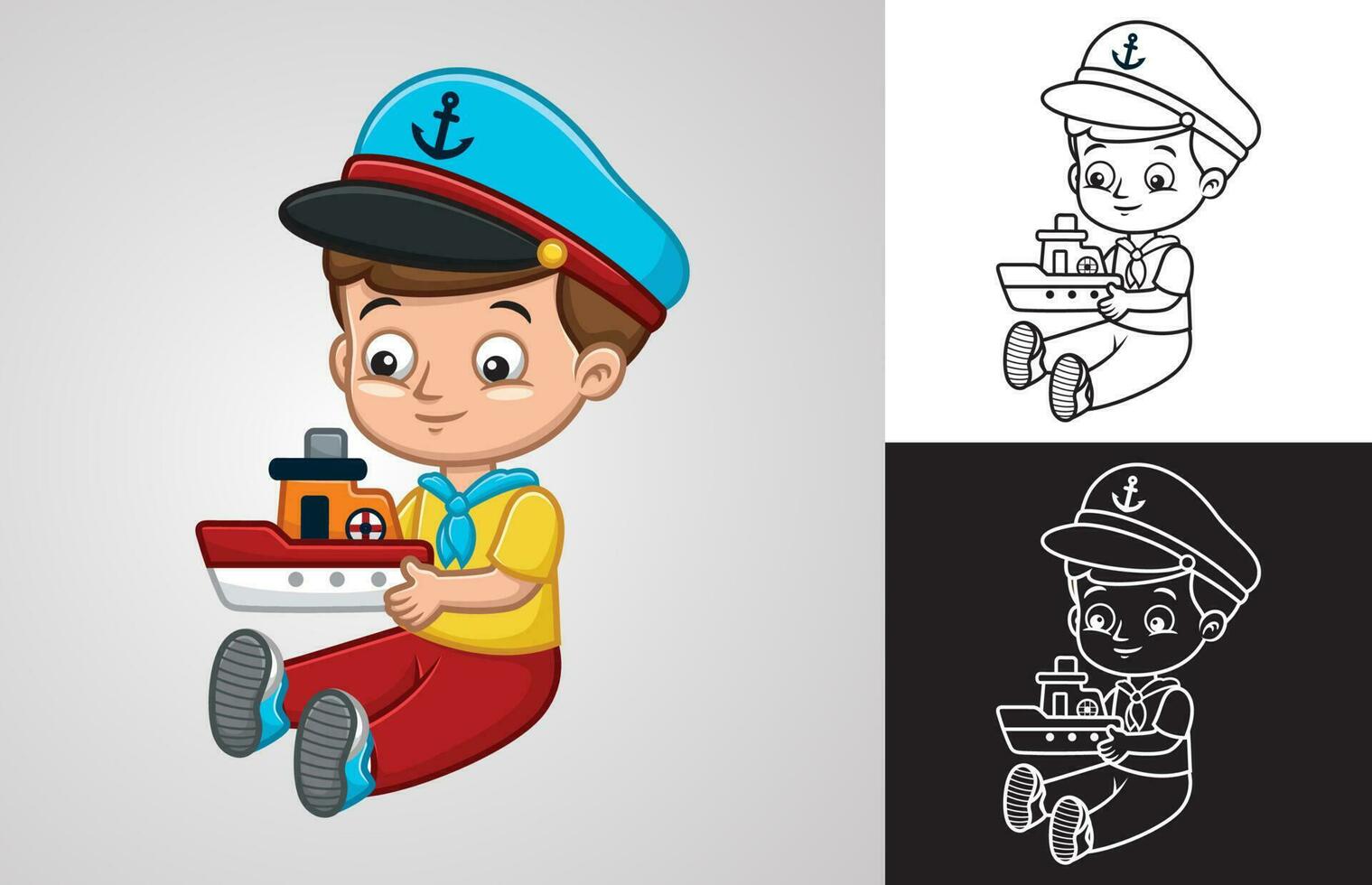 Vector cartoon of little boy wearing sailor accessories holding toy boat