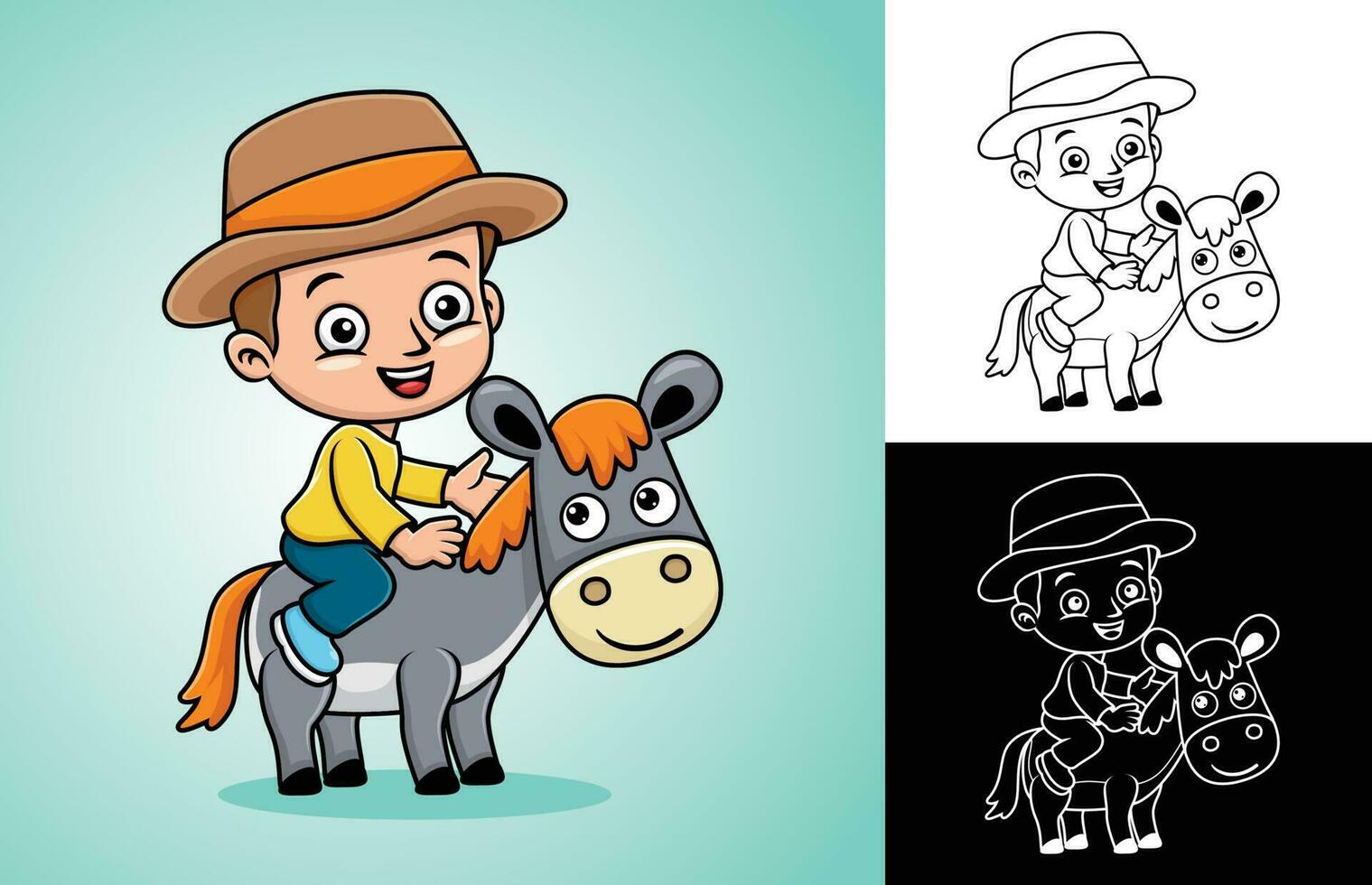 Vector cartoon of a boy wearing cowboy hat riding donkey