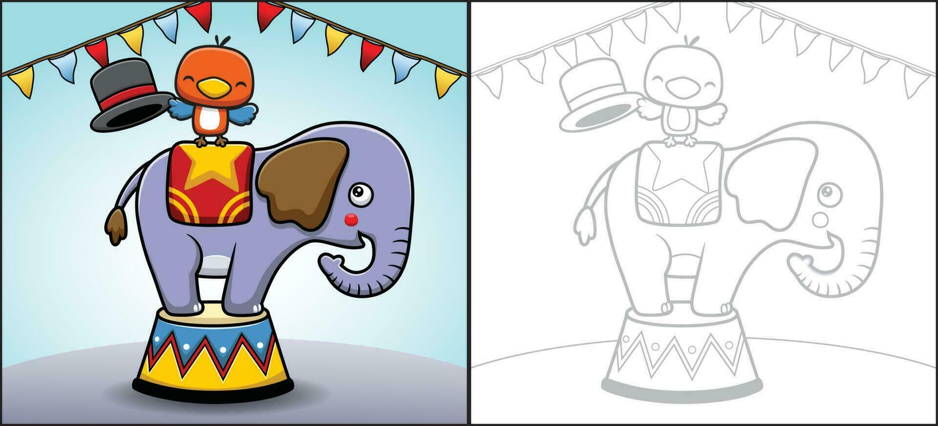 Vector cartoon of funny elephant with little bird in circus show. Coloring book or page