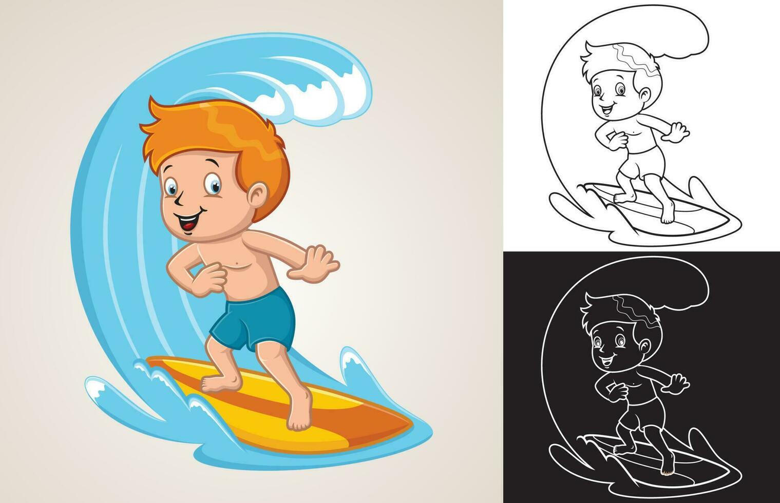 Vector cartoon of boy surfing on big wave