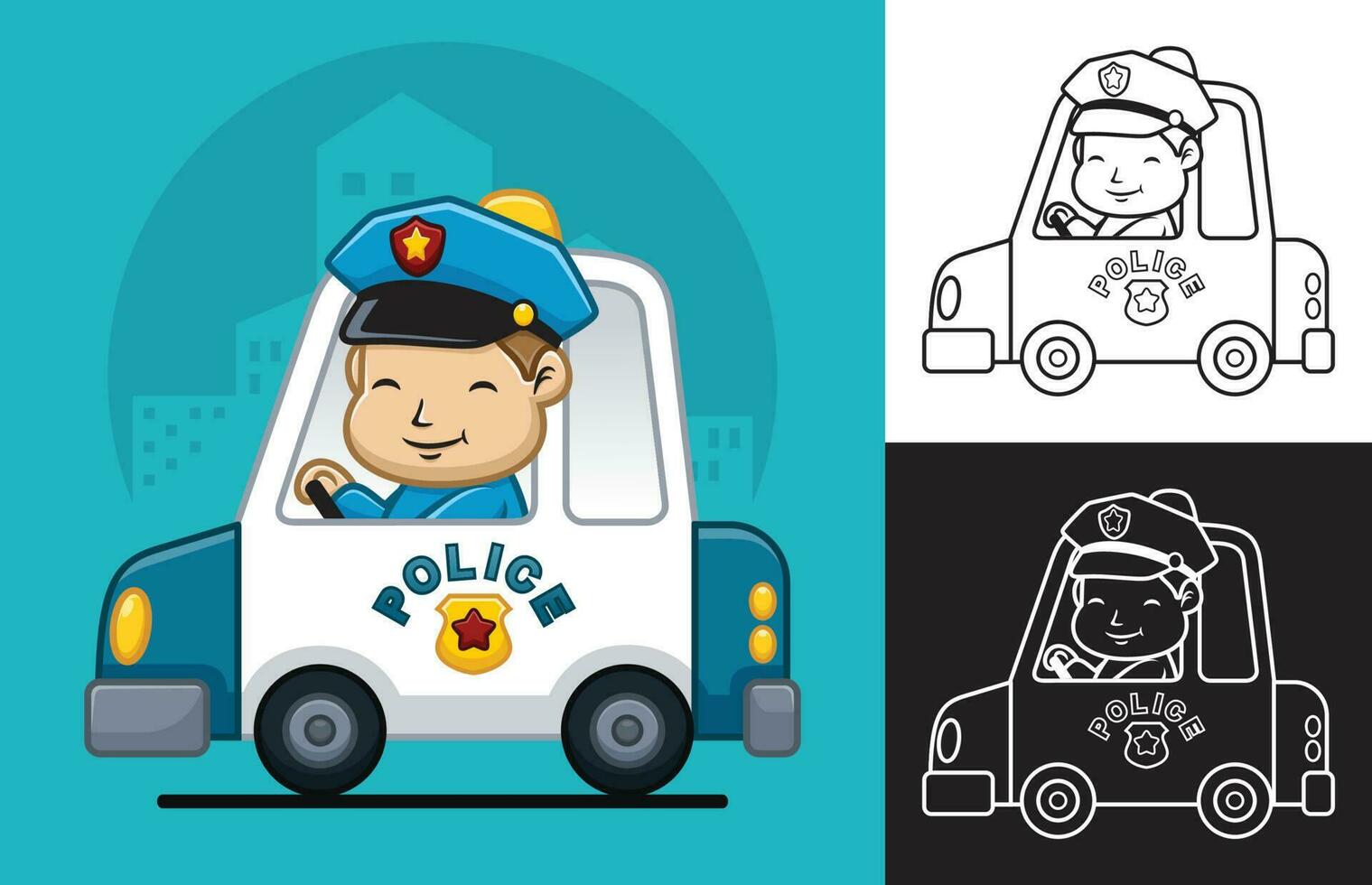 vector ilustración de dibujos animados pequeño chico en policía uniforme en policía coche