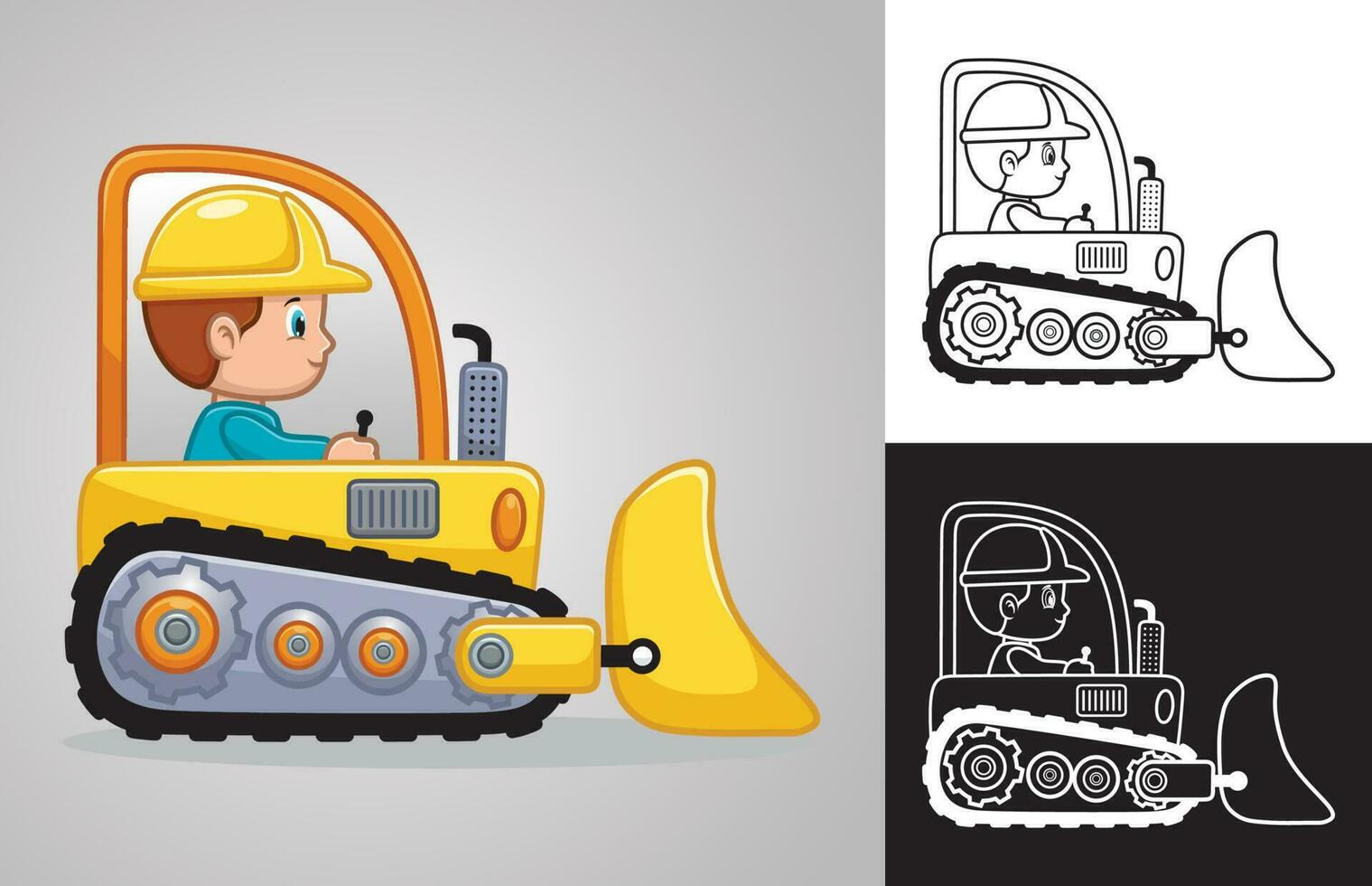 Vector cartoon of little boy driving bulldozer