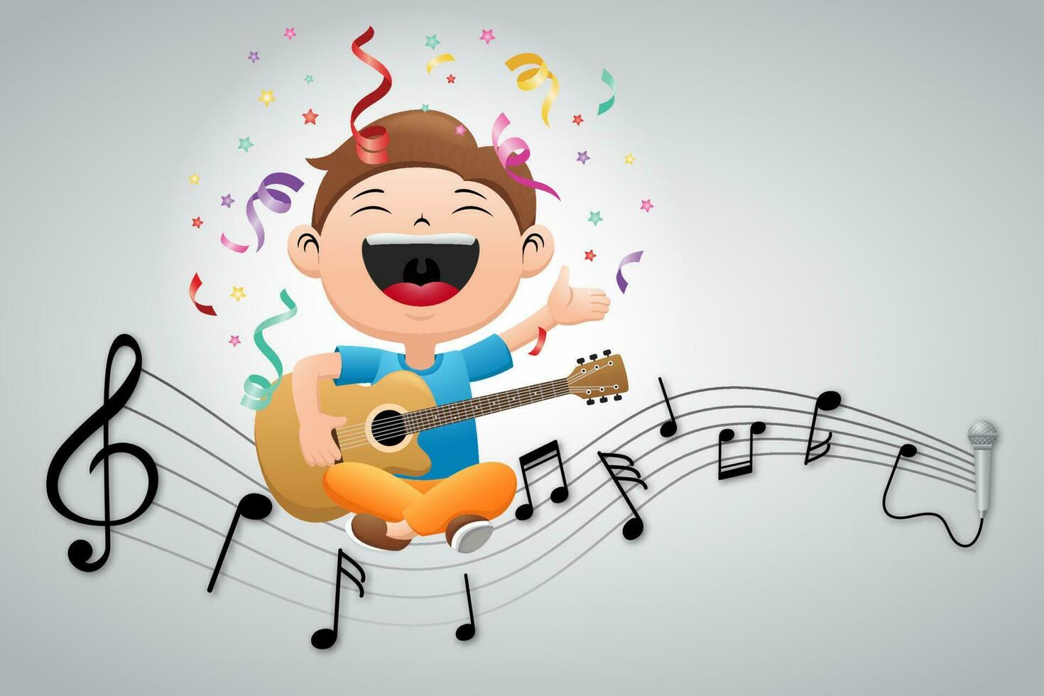 dibujos animados de pequeño chico sentado cruzado piernas mientras jugando guitarra en musical notas vector