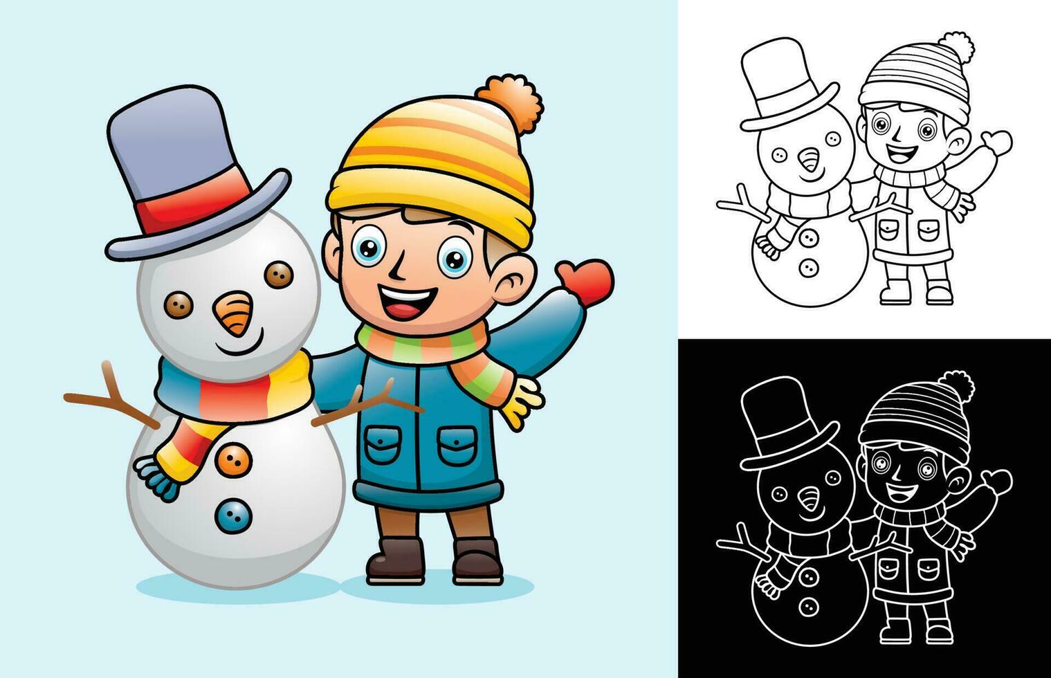 Vector cartoon of little boy in winter coat standing with funny snowman