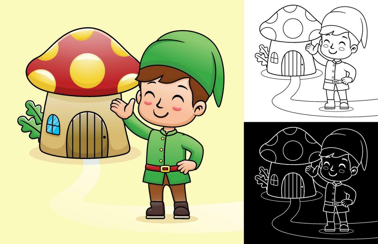 Vector cartoon of boy in elf costume with mushroom house. Coloring book or page