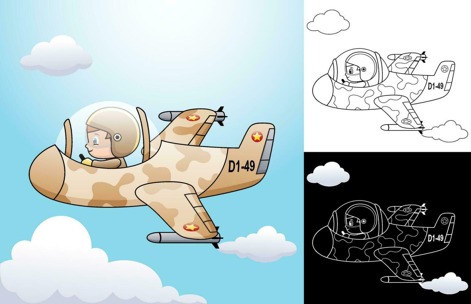 Vector cartoon of little boy on fighter jet plane