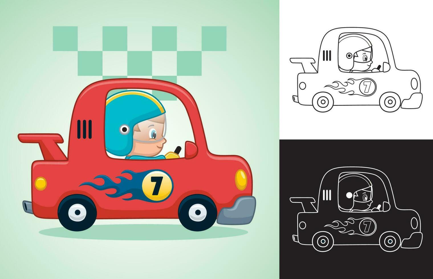 Vector cartoon of little boy on racing car