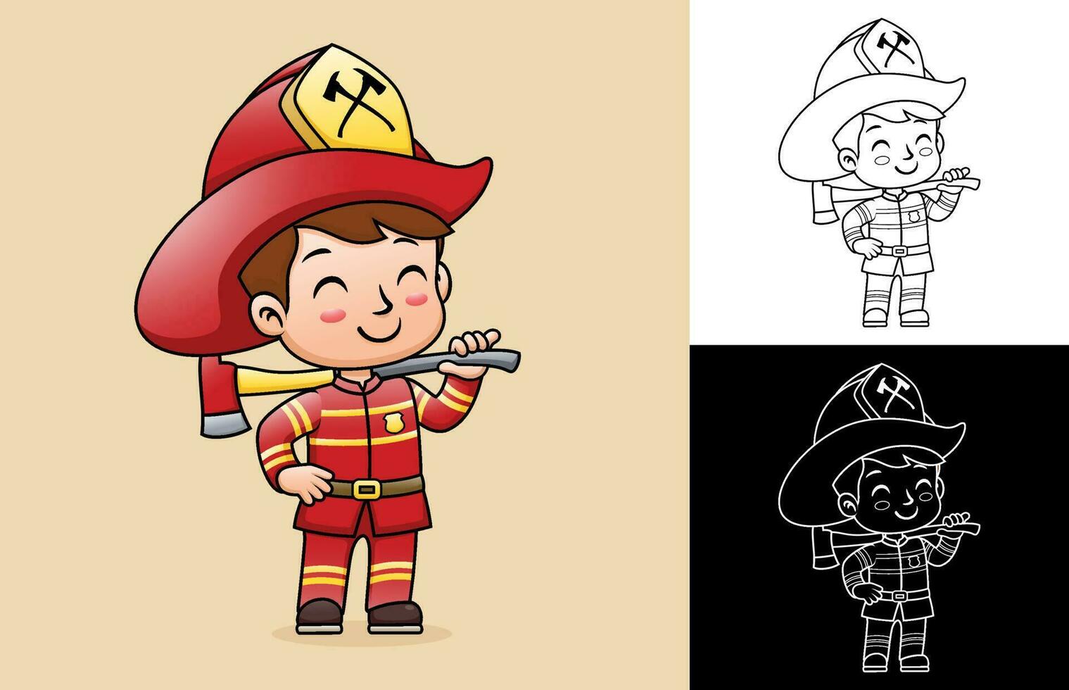 Vector cartoon of boy in firefighter uniform while holding axe. Coloring book or page