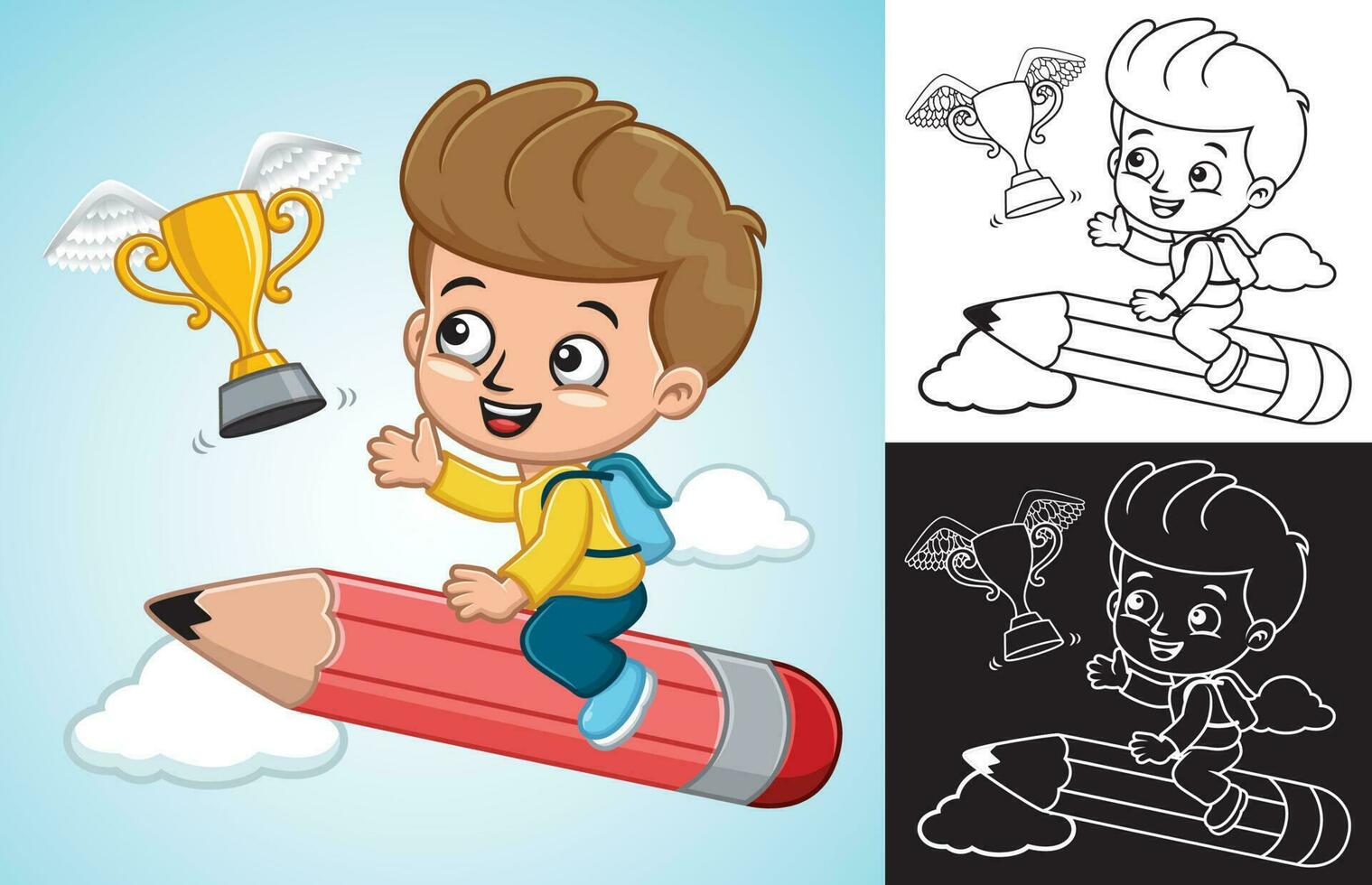 Vector cartoon of little boy on flying big pencil chasing golden trophy