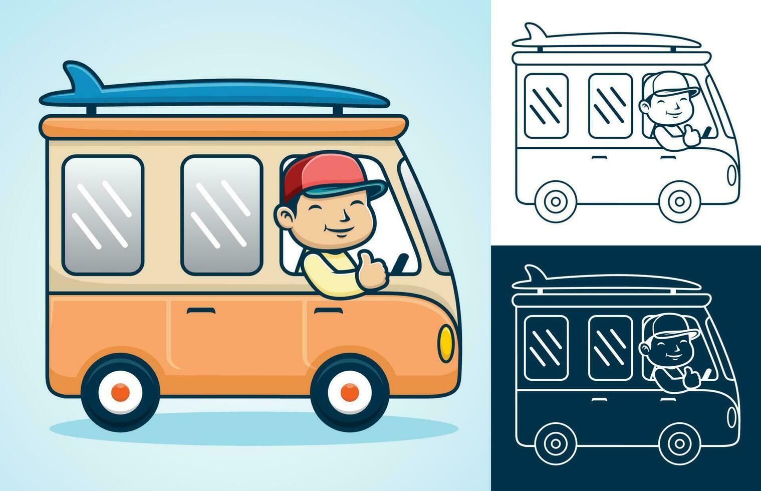 Vector cartoon of a man driving van loading surfboard