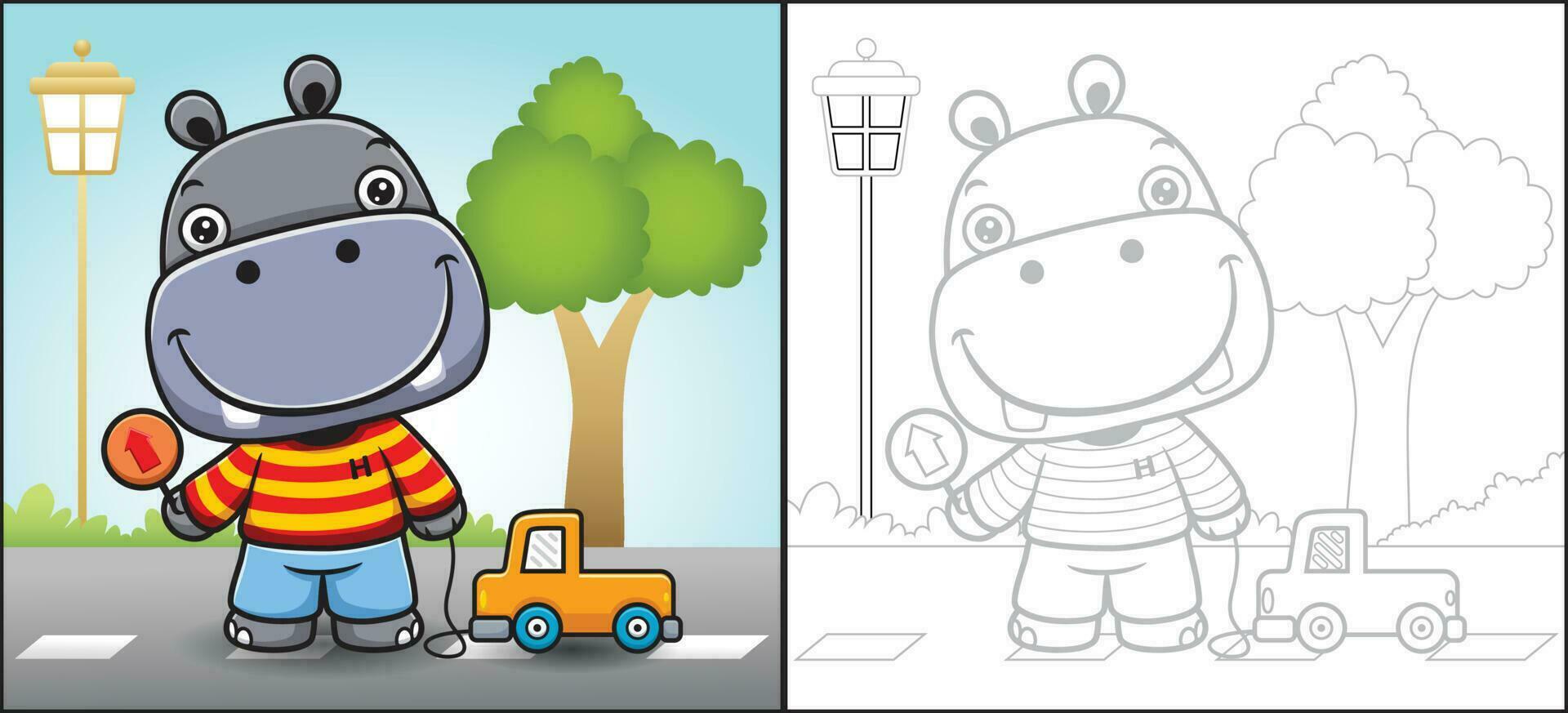 Vector cartoon of cute hippo carrying road sign while pulling car toy in road. Coloring book or page