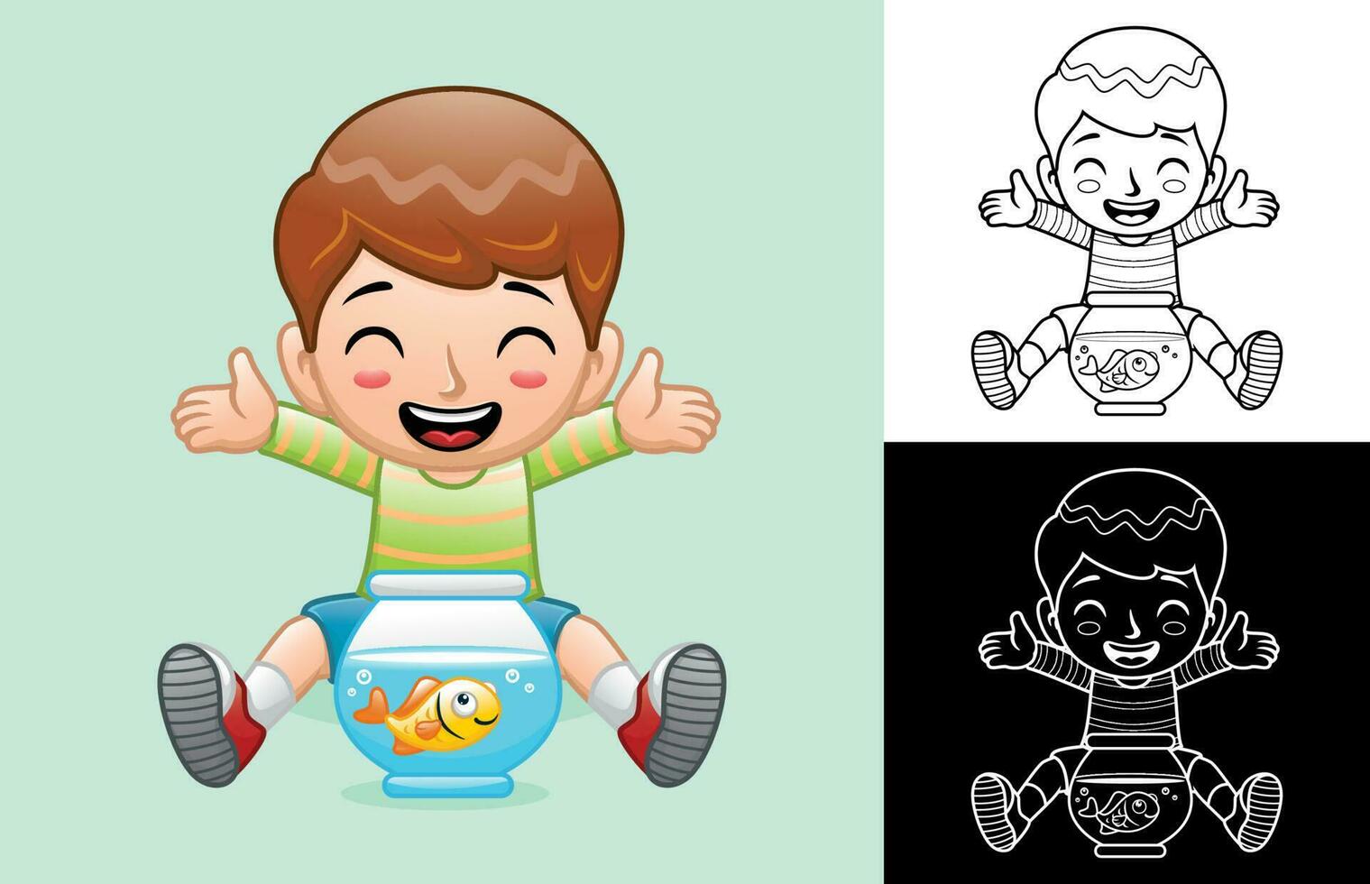 Vector cartoon of happy boy with fish in jar