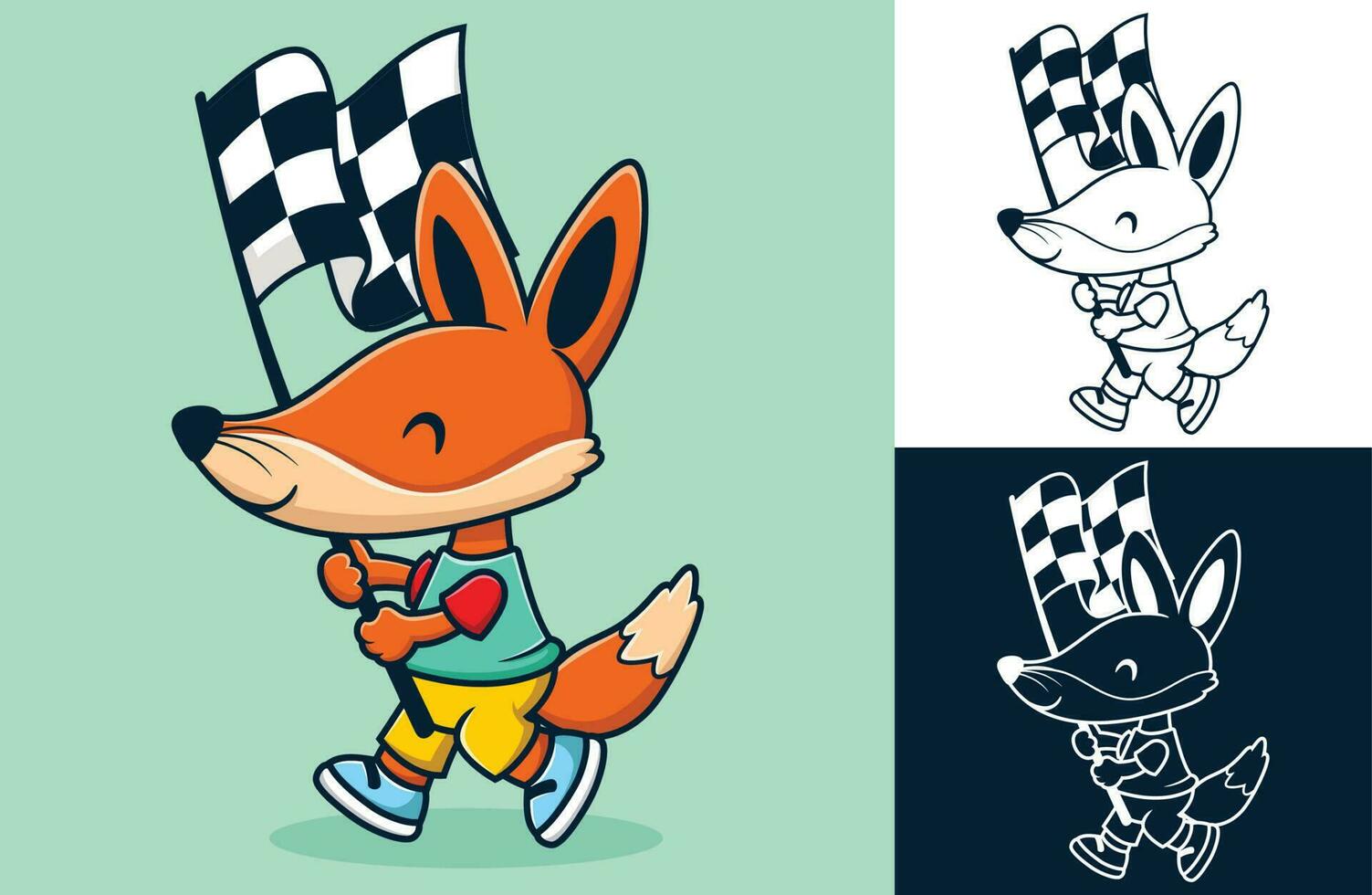 Vector illustration of cute fox cartoon carrying checkered flag