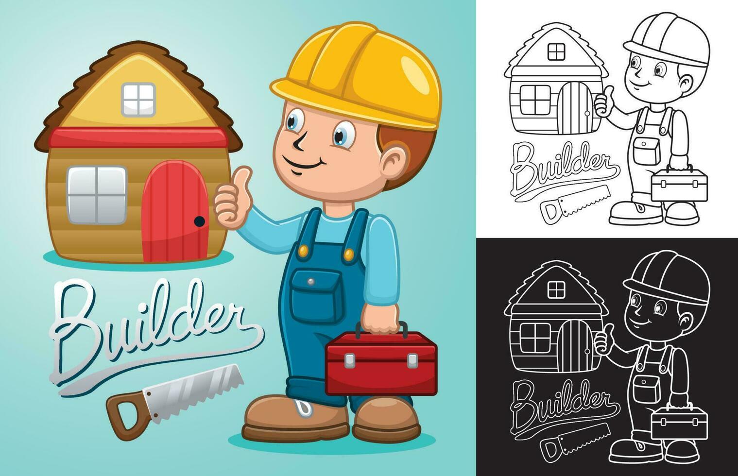 Vector cartoon of boy wearing builder uniform holding toolbox with wooden home and saw