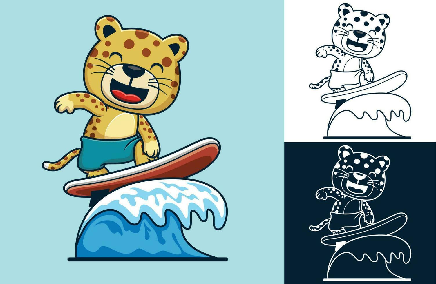 Vector illustration of cartoon cute leopard surfing on wave