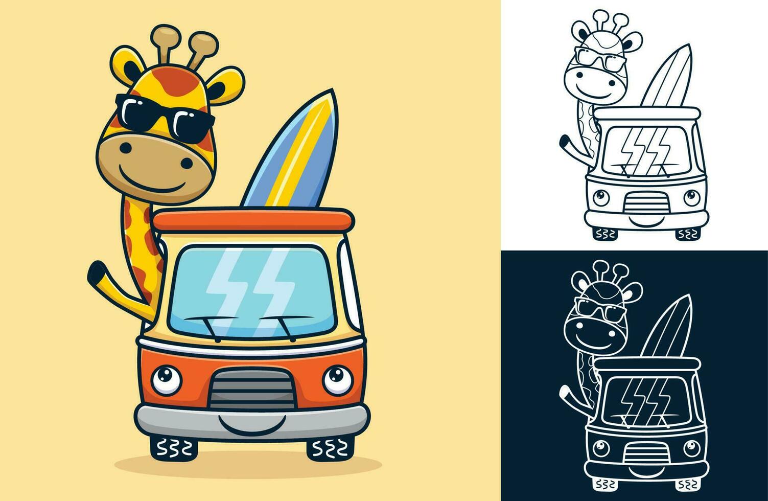 vector ilustración de dibujos animados jirafa con tabla de surf en gracioso camioneta