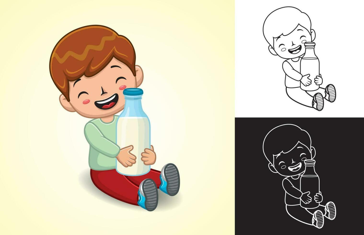 Vector cartoon of little boy sitting on floor while hug big milk bottle