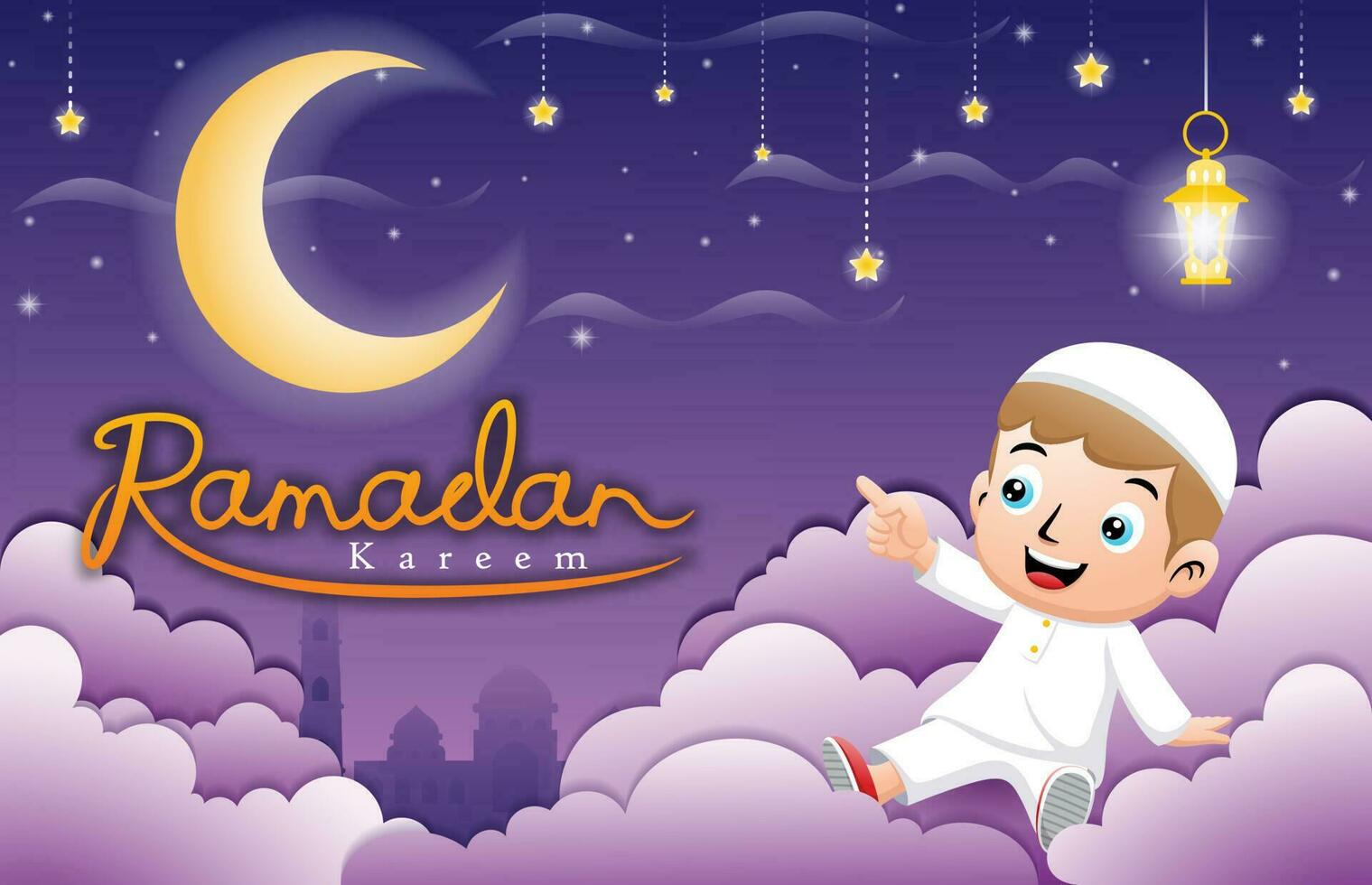 linda dibujos animados musulmán niños en nubes con linterna señalando a creciente Luna a Ramadán noche vector