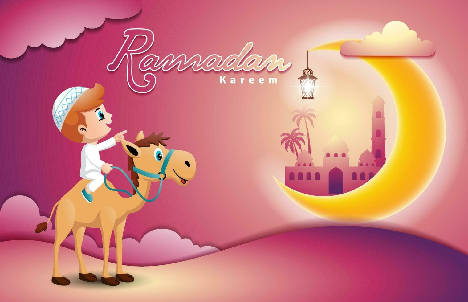 Boy Moslem cartoon riding on camel at Ramadan night, mosque on crescent moon vector