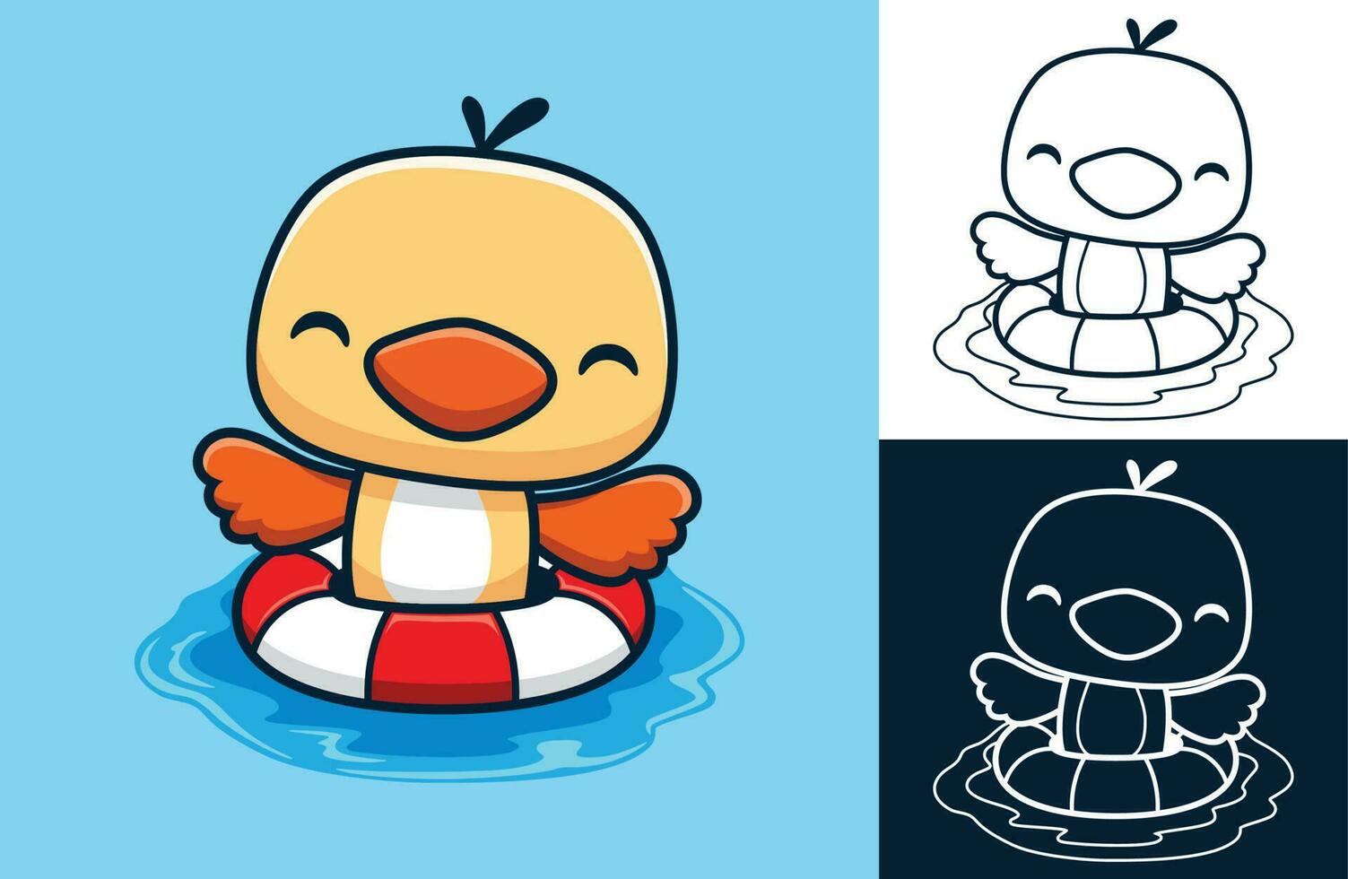 Vector illustration of cartoon cute bird on lifebuoy