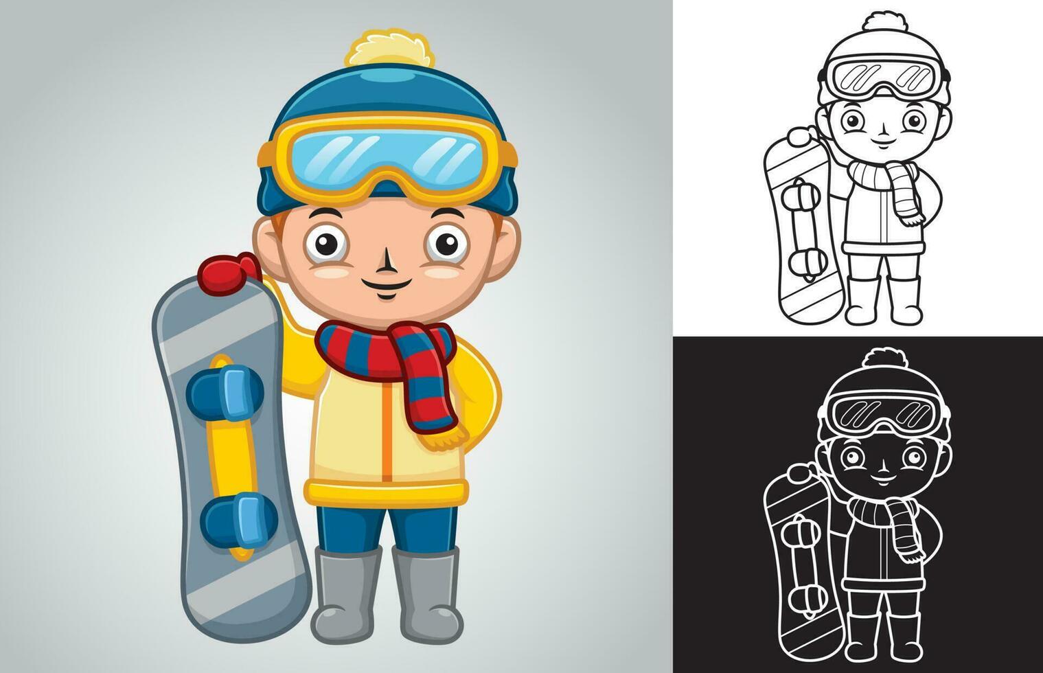 Vector cartoon of little boy in winter coat with snowboard