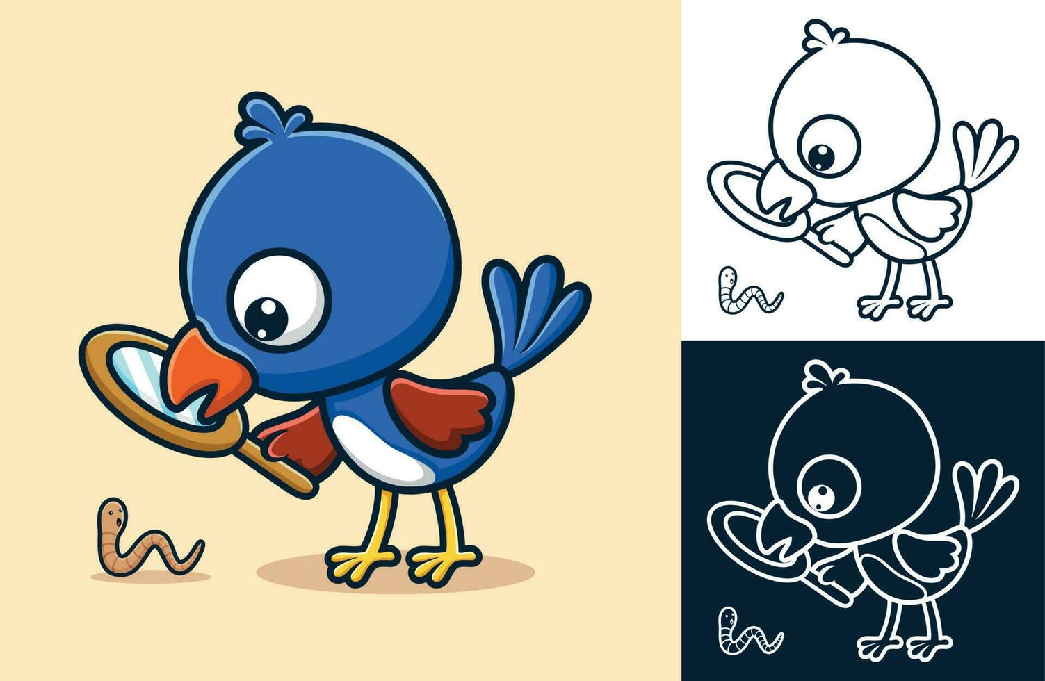 Vector illustration of cartoon blue bird is holding a magnifying glass looking for worm