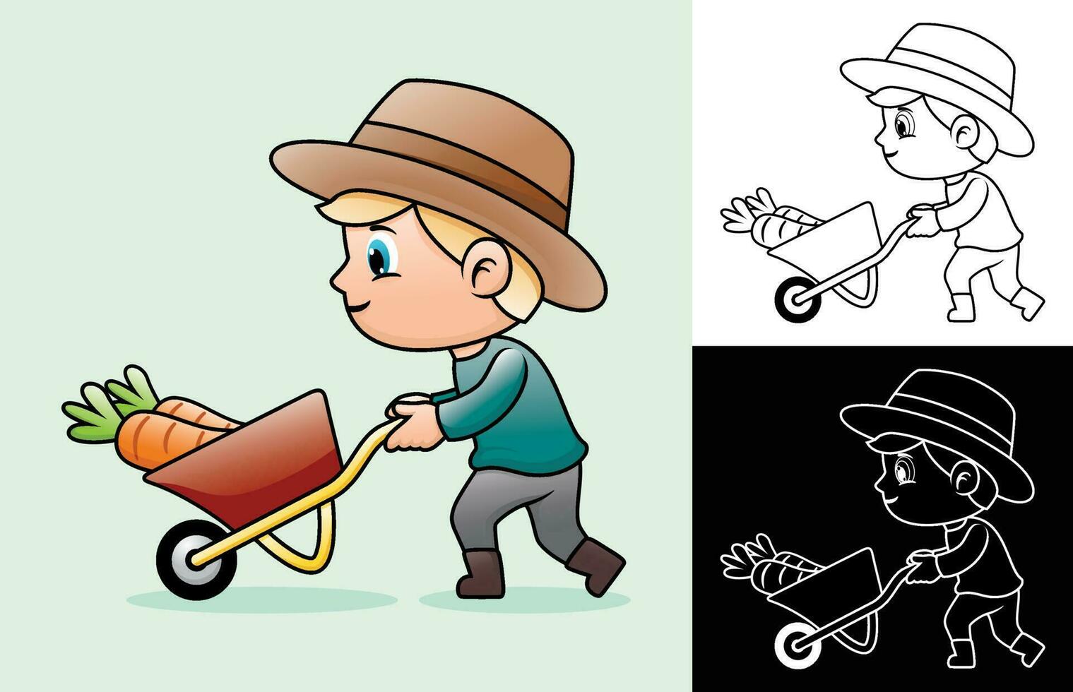 Vector cartoon of young boy farmer carrying big carrot using wheelbarrow
